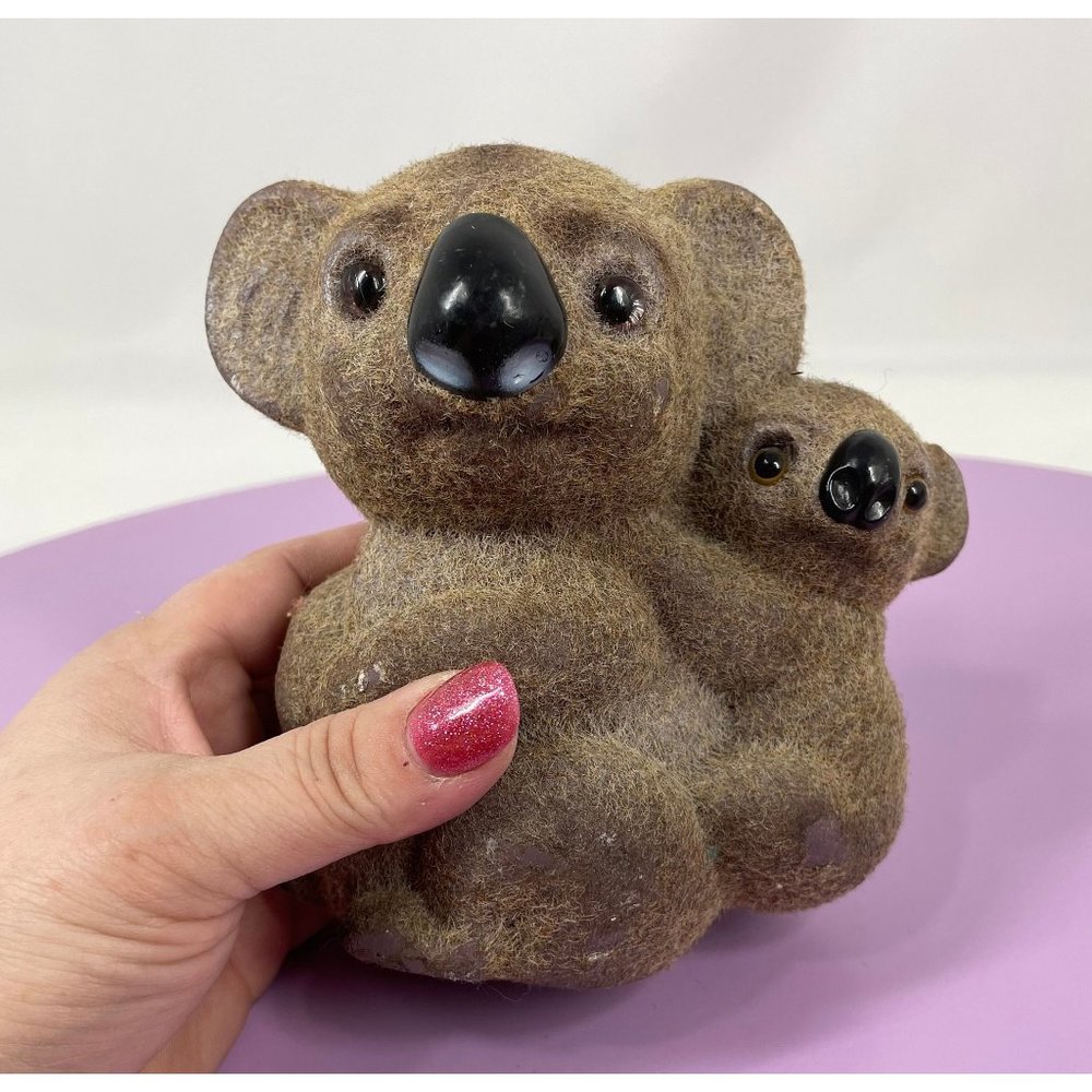 Vintage flocked koala bear coin bank, made in Hong Kong